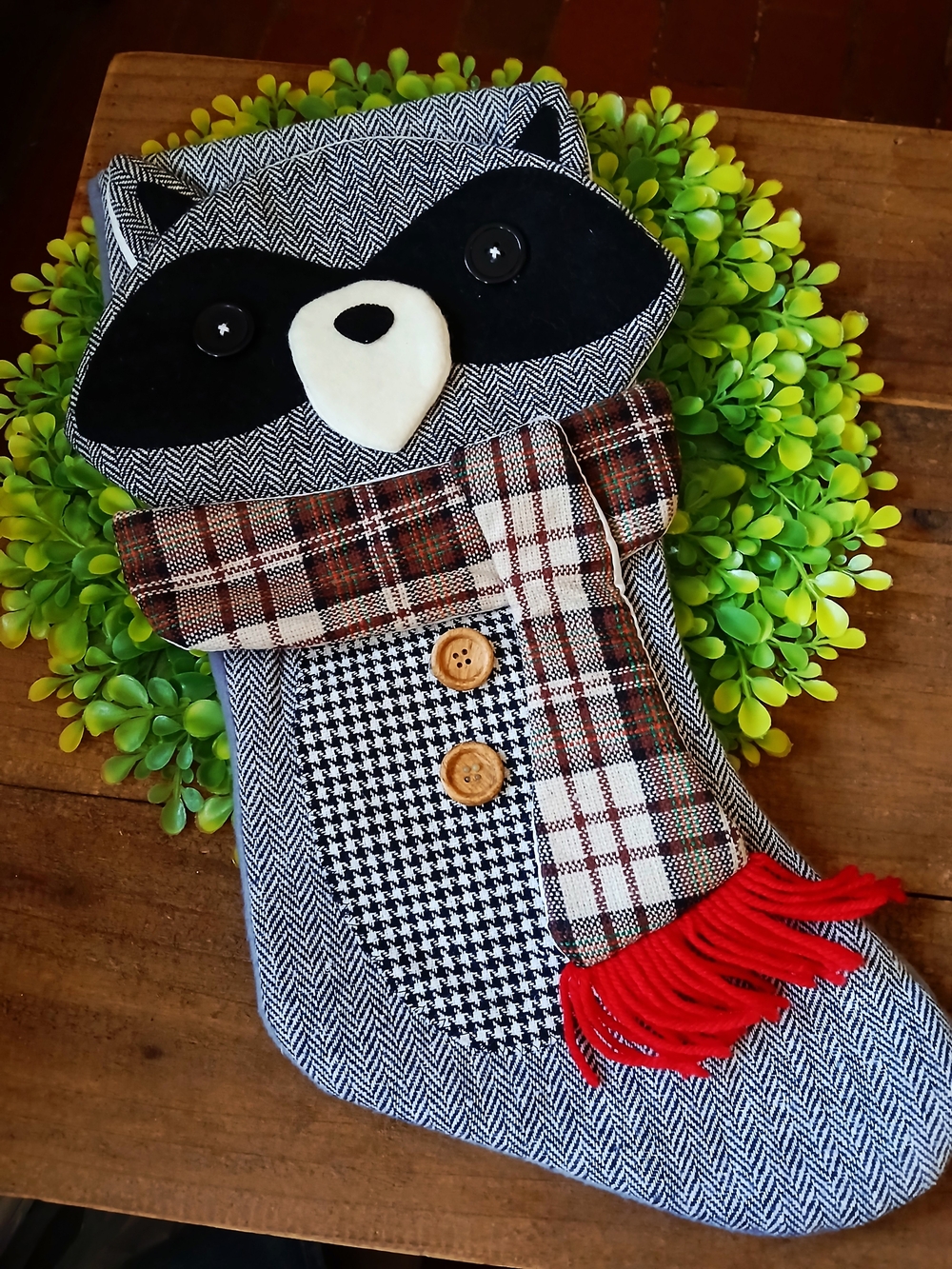 Raccoon Plush Holiday Stocking with Red Scarf
